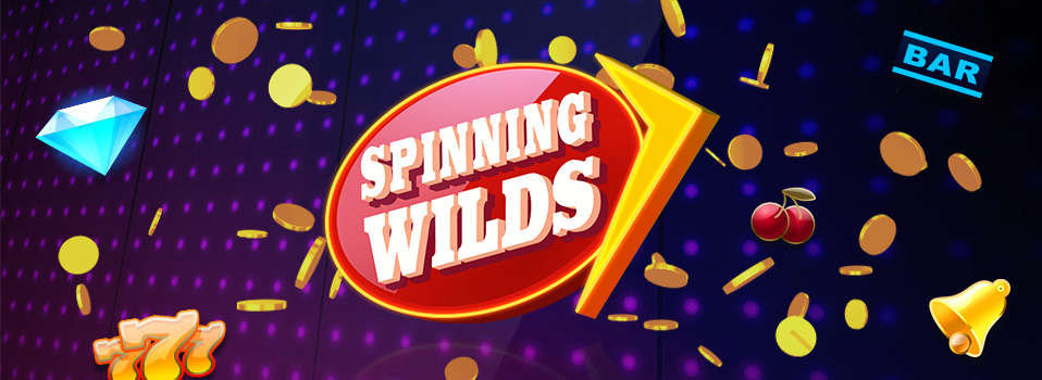 Spinning Wilds Slot Logo umgeben von fliegenden Münzen, Diamanten und Früchten